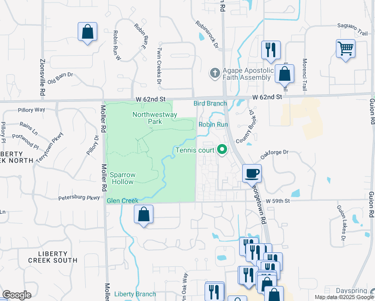 map of restaurants, bars, coffee shops, grocery stores, and more near 6054 Hollingsworth Road in Indianapolis