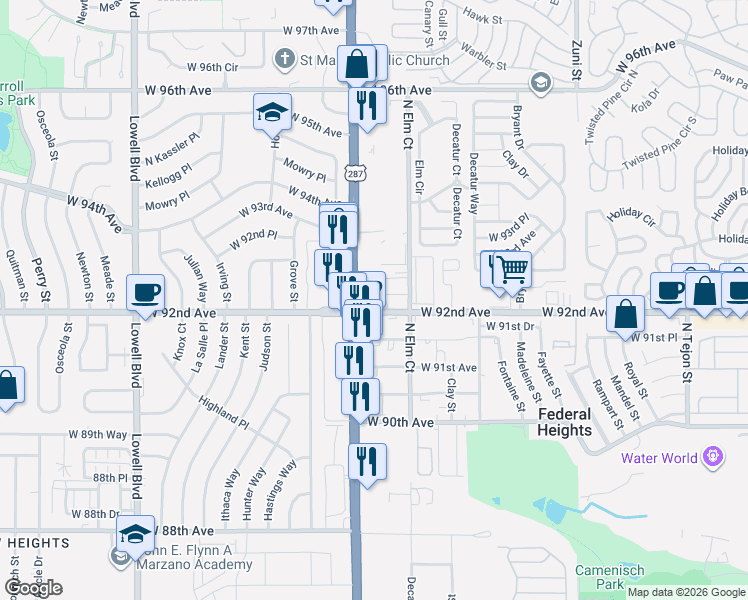 map of restaurants, bars, coffee shops, grocery stores, and more near 2975 West 92nd Avenue in Federal Heights