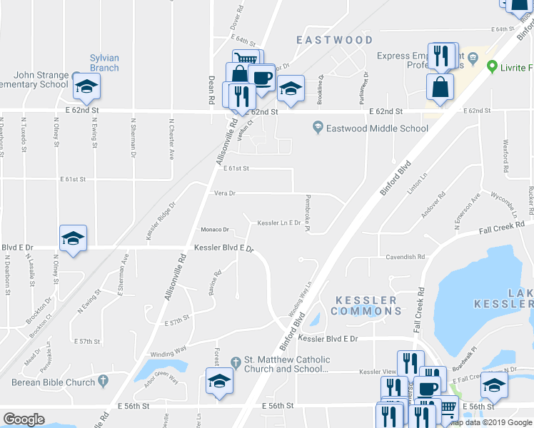 map of restaurants, bars, coffee shops, grocery stores, and more near 4230 Kessler Lane East Drive in Indianapolis