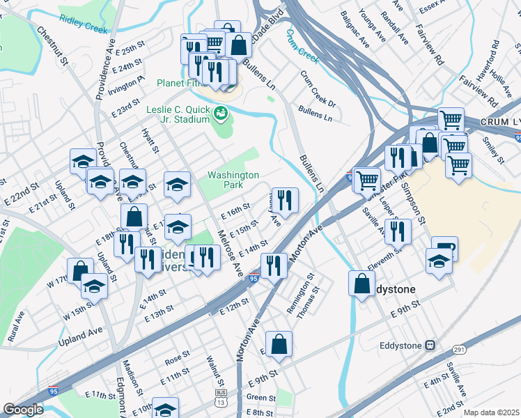 map of restaurants, bars, coffee shops, grocery stores, and more near 916 East 15th Street in Chester