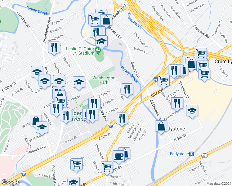 map of restaurants, bars, coffee shops, grocery stores, and more near 916 East 15th Street in Chester