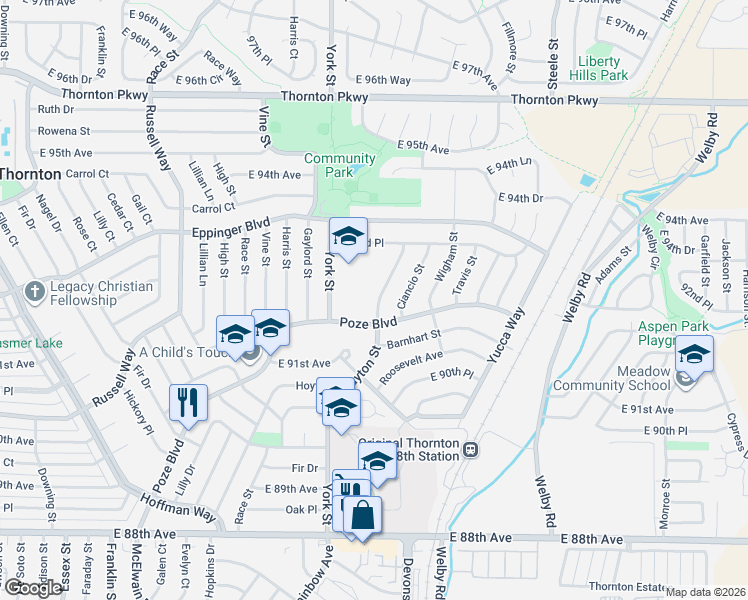 map of restaurants, bars, coffee shops, grocery stores, and more near 9230 Clayton Street in Thornton