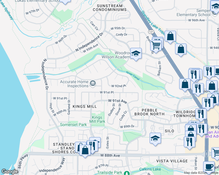 map of restaurants, bars, coffee shops, grocery stores, and more near 8750 West 92nd Place in Westminster