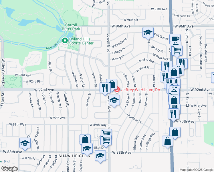 map of restaurants, bars, coffee shops, grocery stores, and more near 9215 Lowell Boulevard in Westminster