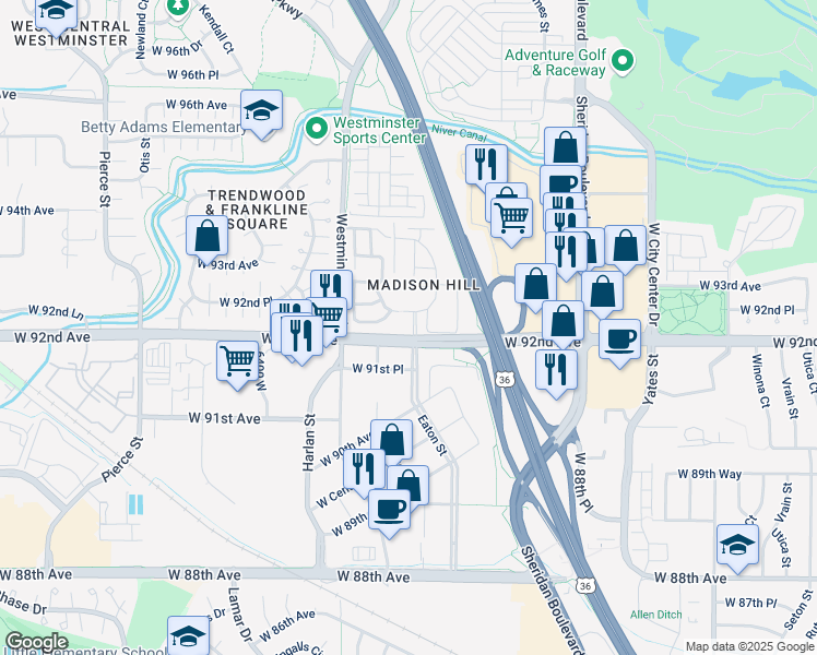 map of restaurants, bars, coffee shops, grocery stores, and more near 348 Eaton Street in Westminster