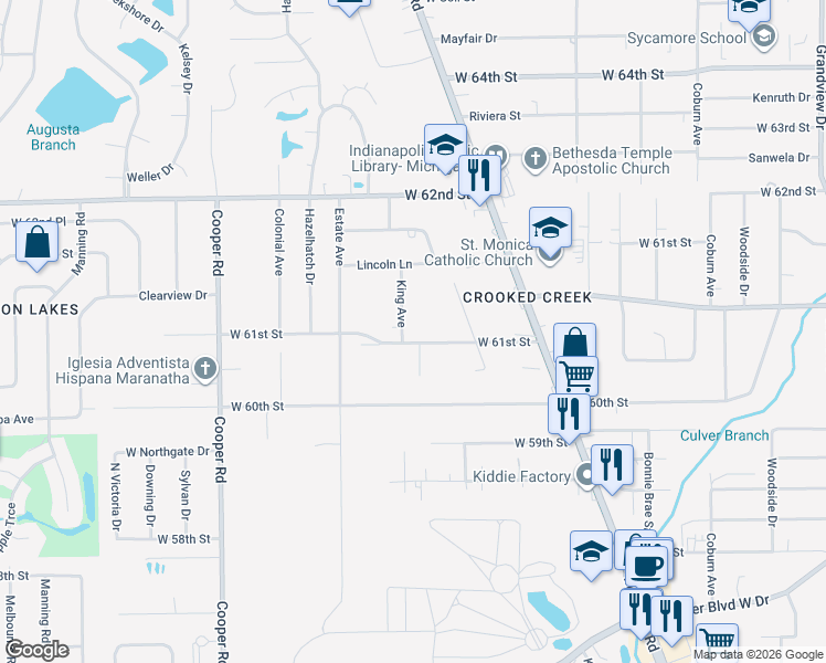 map of restaurants, bars, coffee shops, grocery stores, and more near 2424 West 61st Street in Indianapolis