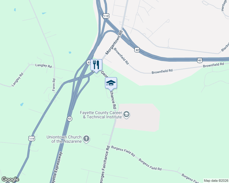 map of restaurants, bars, coffee shops, grocery stores, and more near 145 Georges Fairchance Rd in Uniontown