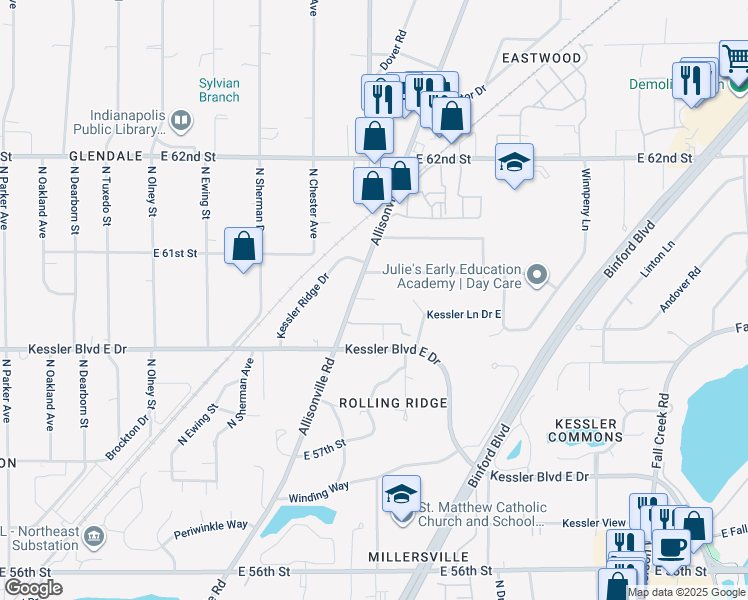 map of restaurants, bars, coffee shops, grocery stores, and more near 5995 Allisonville Road in Indianapolis