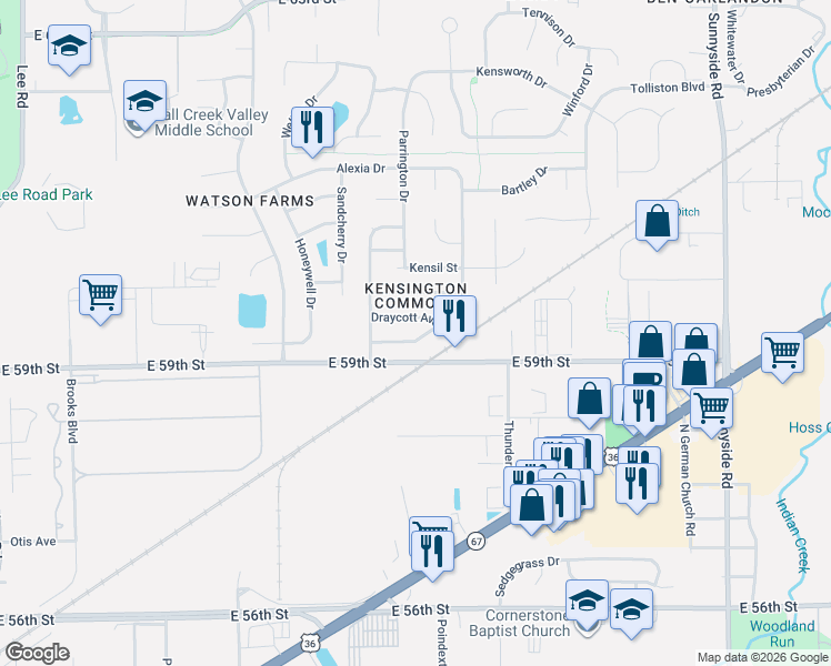 map of restaurants, bars, coffee shops, grocery stores, and more near 10336 Liverpool Way in Indianapolis