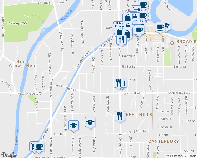 map of restaurants, bars, coffee shops, grocery stores, and more near 514 East 60th Street in Indianapolis