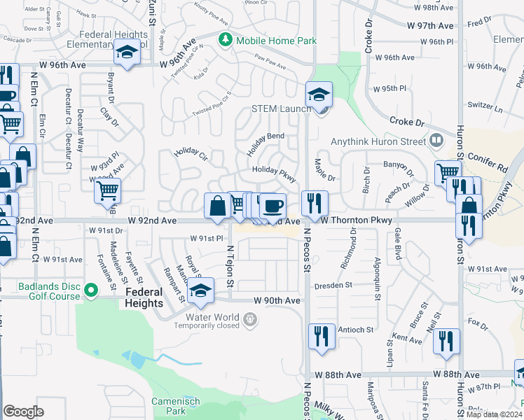 map of restaurants, bars, coffee shops, grocery stores, and more near 42 Holiday Boulevard in Federal Heights