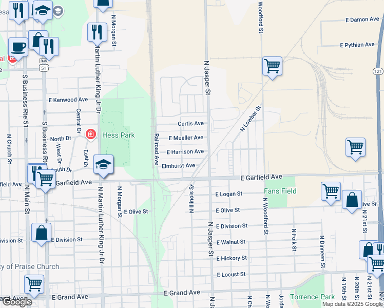 map of restaurants, bars, coffee shops, grocery stores, and more near 1141 East Harrison Avenue in Decatur