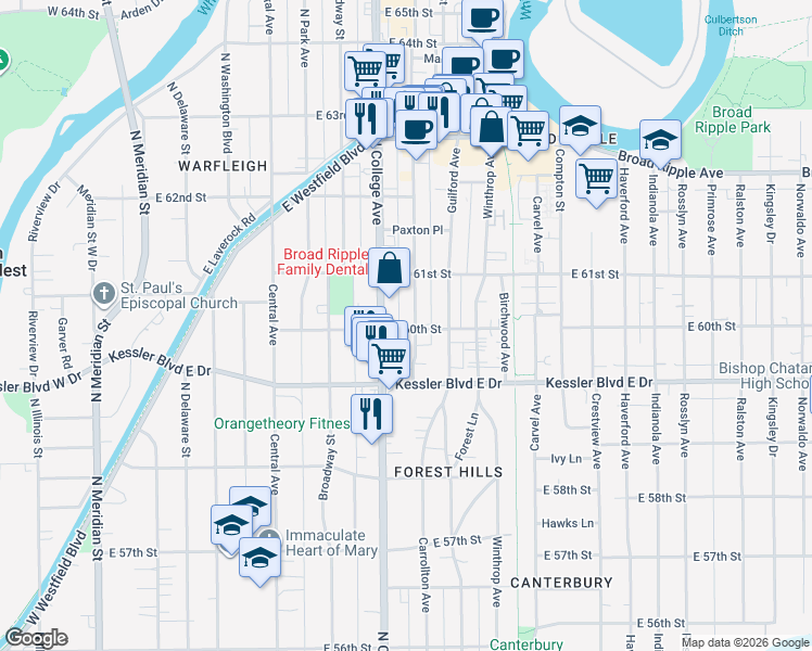 map of restaurants, bars, coffee shops, grocery stores, and more near 6002 Carrollton Avenue in Indianapolis