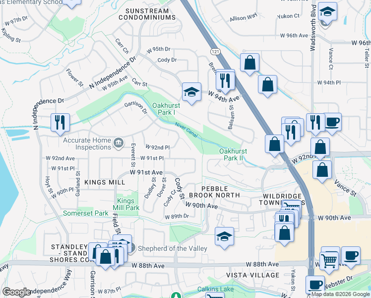 map of restaurants, bars, coffee shops, grocery stores, and more near 8550 West 92nd Place in Westminster