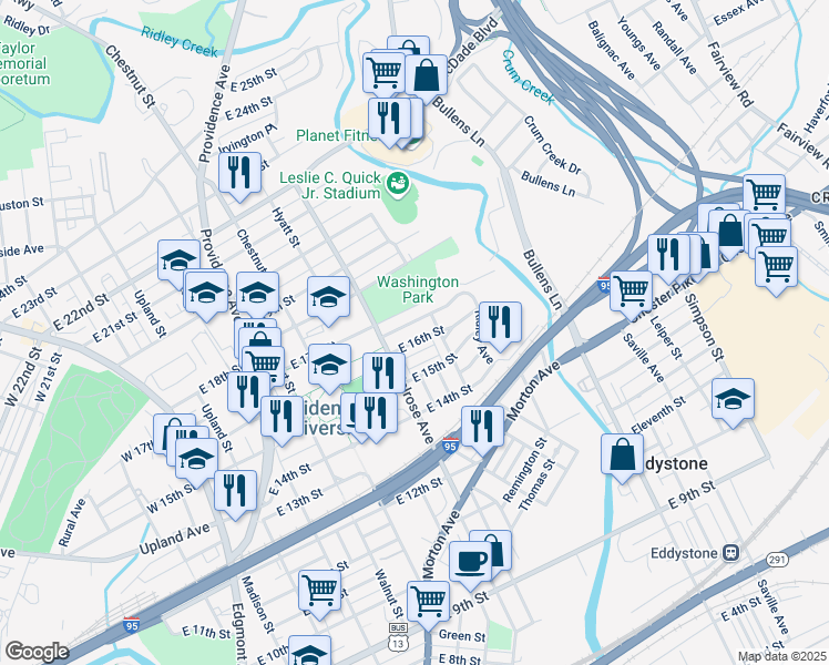 map of restaurants, bars, coffee shops, grocery stores, and more near 826 East 16th Street in Chester