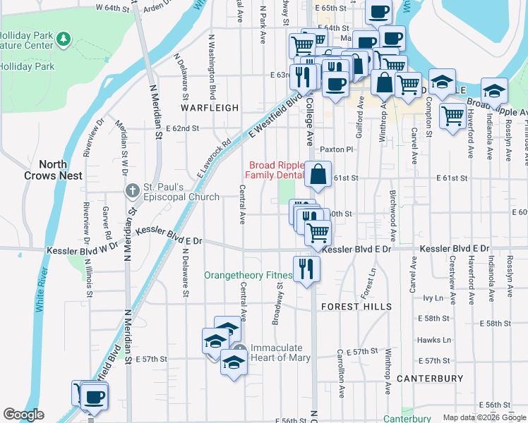 map of restaurants, bars, coffee shops, grocery stores, and more near 514 East 60th Street in Indianapolis