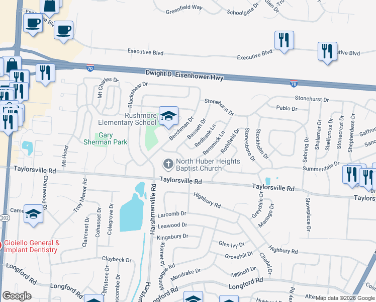map of restaurants, bars, coffee shops, grocery stores, and more near 7712 Redbank Lane in Huber Heights