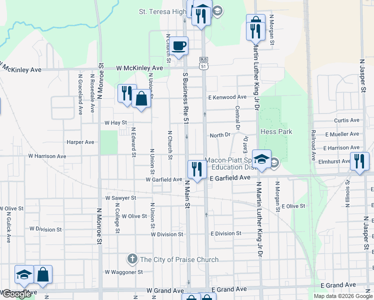 map of restaurants, bars, coffee shops, grocery stores, and more near 2116 North Main Street in Decatur