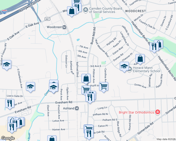 map of restaurants, bars, coffee shops, grocery stores, and more near 406 Burnt Mill Road in Cherry Hill