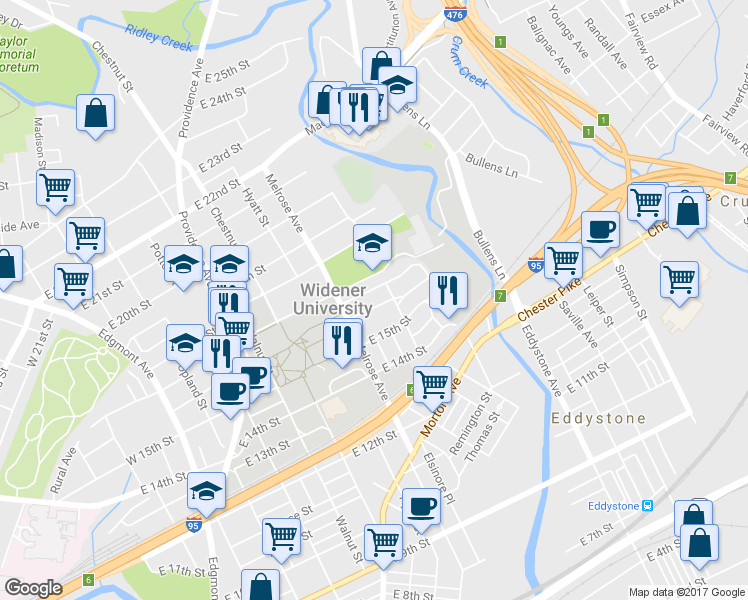 map of restaurants, bars, coffee shops, grocery stores, and more near 826 East 16th Street in Chester