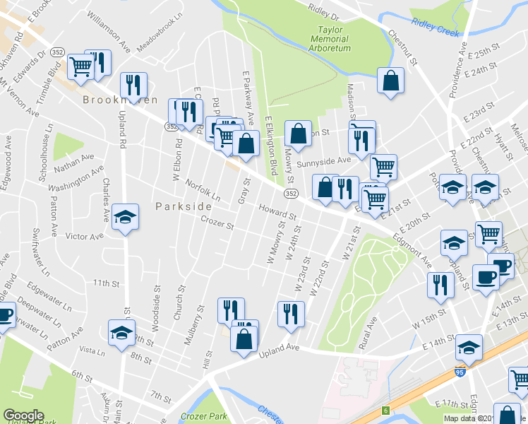 map of restaurants, bars, coffee shops, grocery stores, and more near 106 West Elkinton Avenue in Chester
