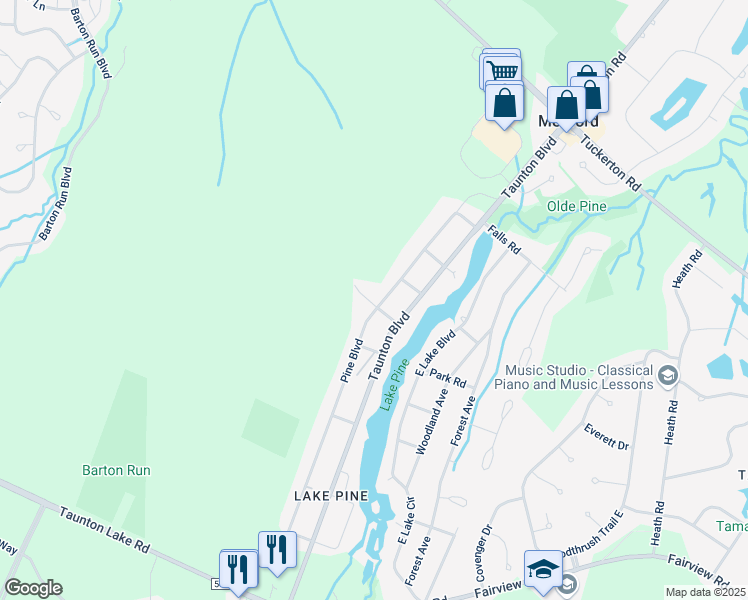 map of restaurants, bars, coffee shops, grocery stores, and more near 215 Pine Boulevard in Medford