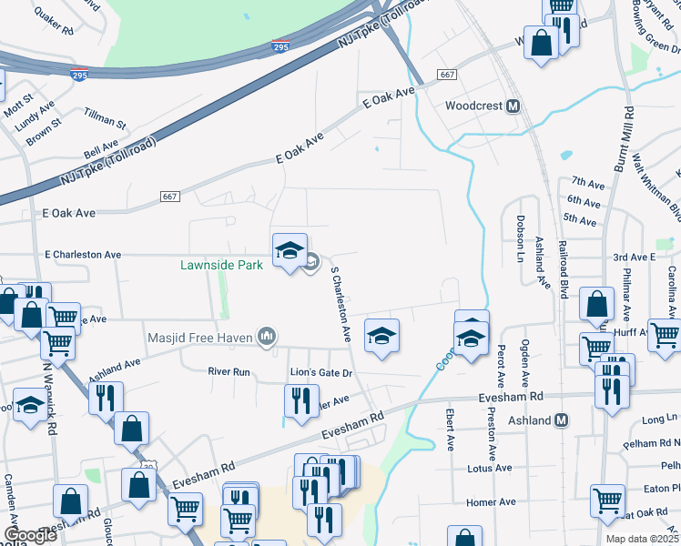 map of restaurants, bars, coffee shops, grocery stores, and more near 241 South Charleston Avenue in Lawnside