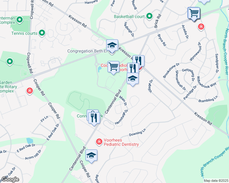map of restaurants, bars, coffee shops, grocery stores, and more near 5064 Main Street in Voorhees Township