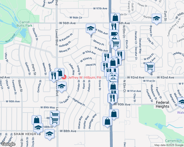 map of restaurants, bars, coffee shops, grocery stores, and more near 9220 Hooker Street in Westminster