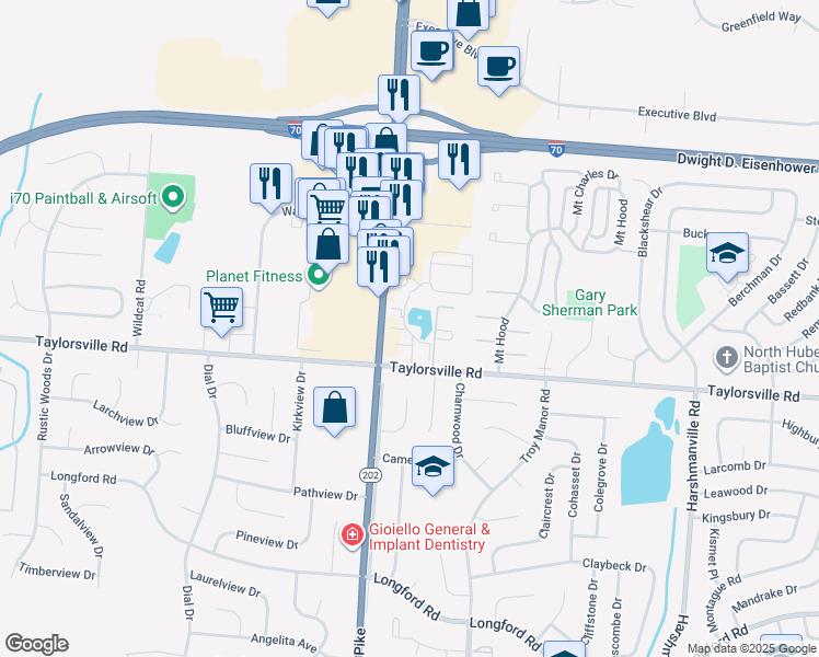 map of restaurants, bars, coffee shops, grocery stores, and more near 7578 Troy Pike in Huber Heights