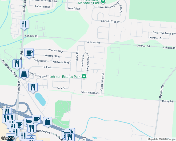 map of restaurants, bars, coffee shops, grocery stores, and more near 5730 Levi Kramer Boulevard in Canal Winchester