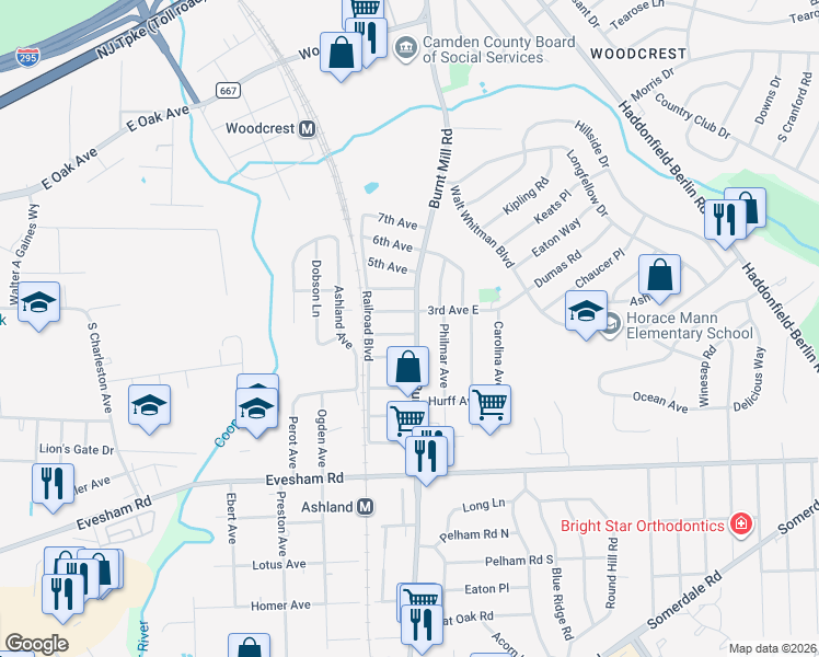 map of restaurants, bars, coffee shops, grocery stores, and more near 406 Burnt Mill Road in Cherry Hill