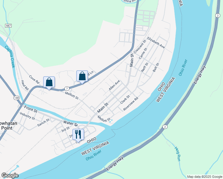 map of restaurants, bars, coffee shops, grocery stores, and more near 136 Allen Avenue in Powhatan Point