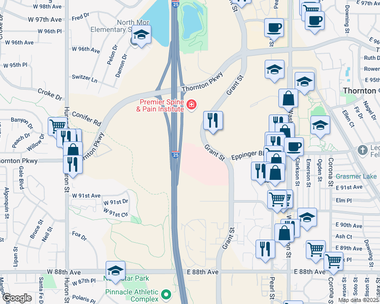 map of restaurants, bars, coffee shops, grocery stores, and more near 9195 Grant Street in Thornton