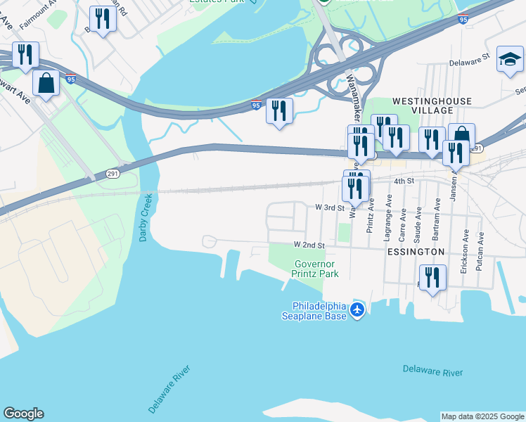 map of restaurants, bars, coffee shops, grocery stores, and more near 502b Corinthian Avenue in Tinicum Township