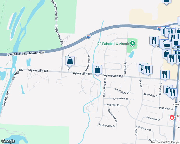 map of restaurants, bars, coffee shops, grocery stores, and more near 4735 Taylorsville Road in Huber Heights