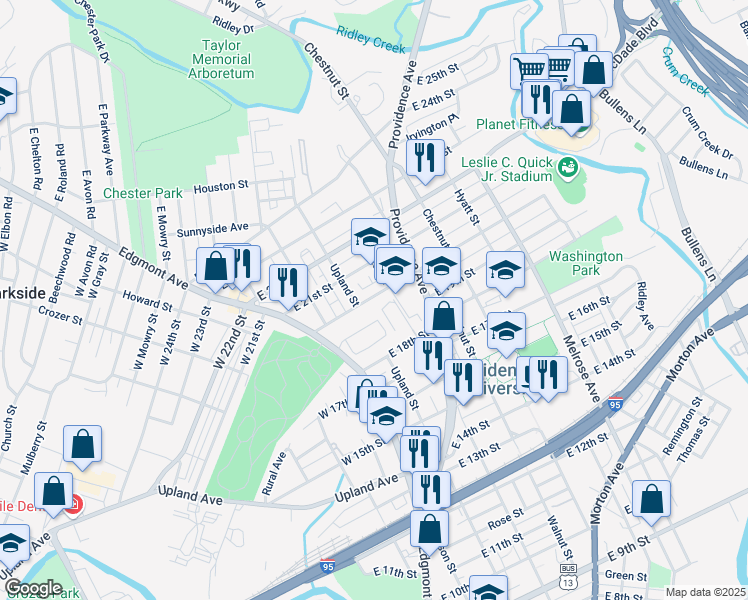 map of restaurants, bars, coffee shops, grocery stores, and more near 411 East 20th Street in Chester