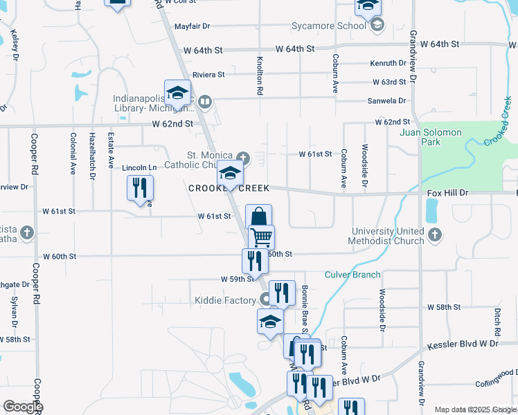 map of restaurants, bars, coffee shops, grocery stores, and more near 6107 Michigan Road in Indianapolis