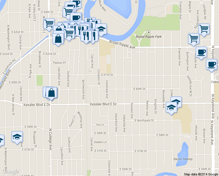 map of restaurants, bars, coffee shops, grocery stores, and more near 6001 Crestview Avenue in Indianapolis