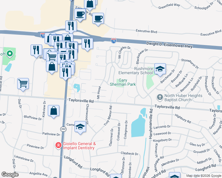 map of restaurants, bars, coffee shops, grocery stores, and more near 7616 Mount Hood in Dayton