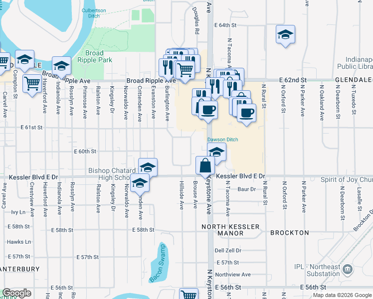 map of restaurants, bars, coffee shops, grocery stores, and more near 6004 Hillside Avenue East Drive in Indianapolis