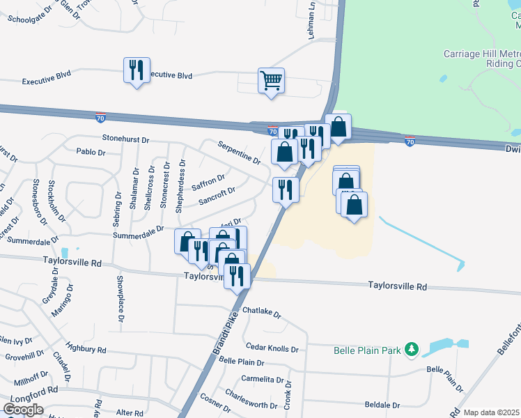 map of restaurants, bars, coffee shops, grocery stores, and more near 7699 Brandt Pike in Dayton