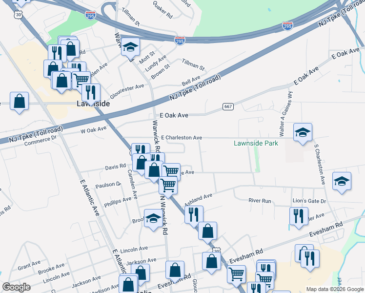 map of restaurants, bars, coffee shops, grocery stores, and more near 240 Miller Avenue in Lawnside