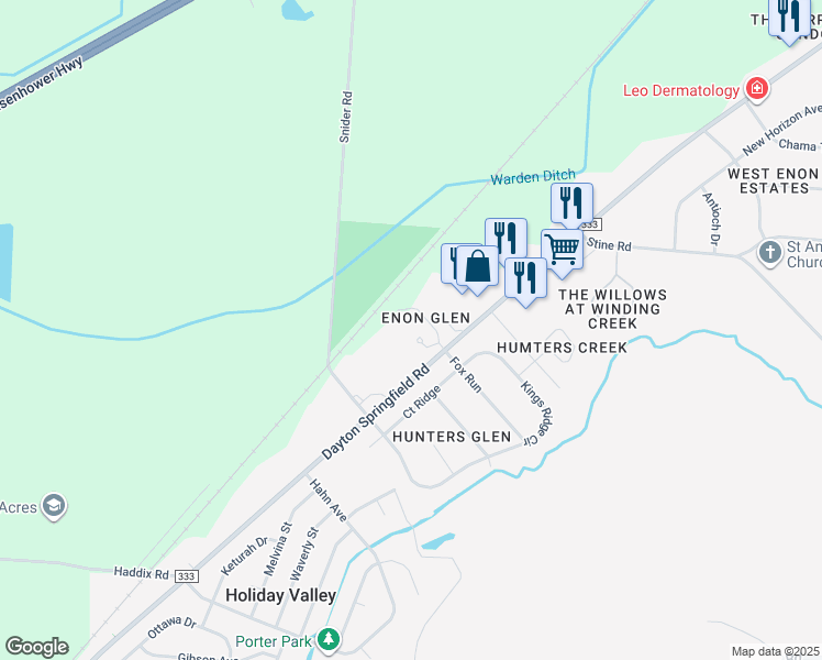 map of restaurants, bars, coffee shops, grocery stores, and more near 7800 Dayton Springfield Road in Fairborn