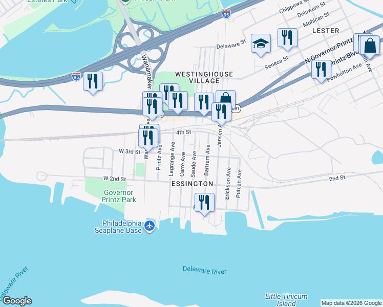 map of restaurants, bars, coffee shops, grocery stores, and more near 300 Saude Avenue in Tinicum Township