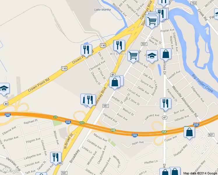map of restaurants, bars, coffee shops, grocery stores, and more near 22 W Olive St in Westville