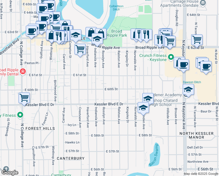 map of restaurants, bars, coffee shops, grocery stores, and more near 6002 Primrose Avenue in Indianapolis