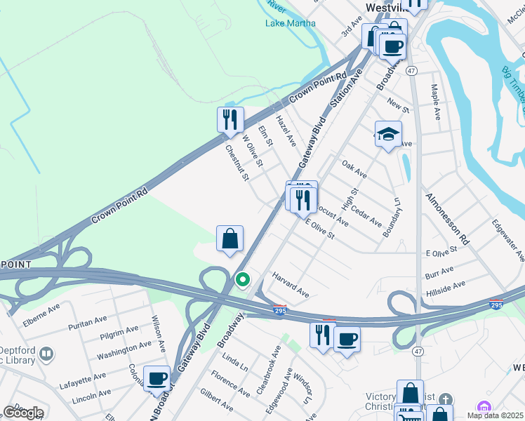 map of restaurants, bars, coffee shops, grocery stores, and more near 216 Chestnut Street in Westville