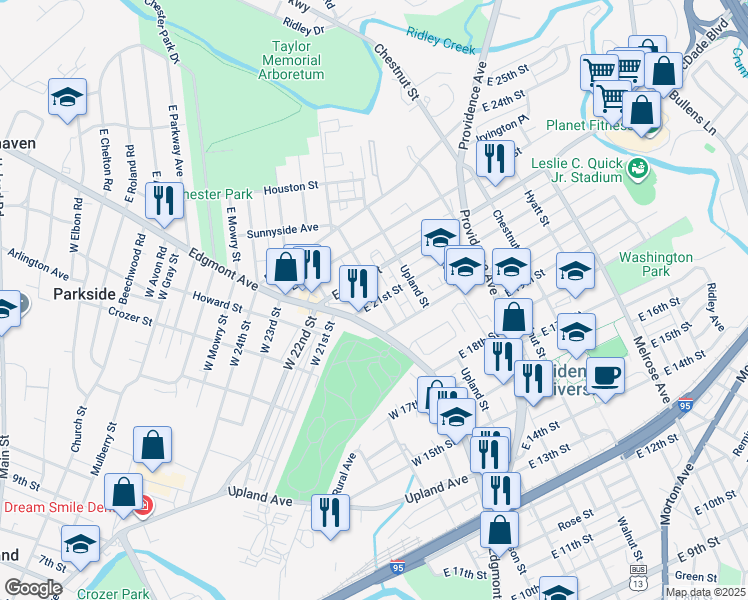 map of restaurants, bars, coffee shops, grocery stores, and more near 2024 Madison Street in Chester