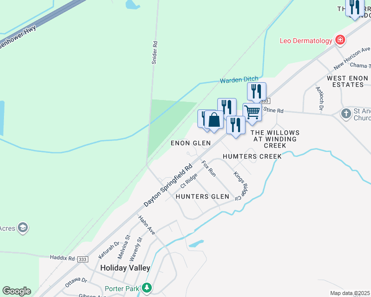 map of restaurants, bars, coffee shops, grocery stores, and more near 7800 Dayton Springfield Road in Fairborn